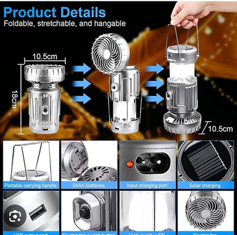 Solar Rechargeable LED Light with Fan 6-in-1 Portable Camping Lantern